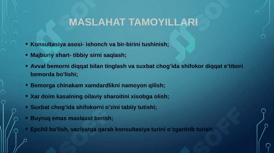 Maslahat turlari,qoidalari, maslahat berish kònikmalari,asosiy prinsp va qoidalari.Maslahat berish jarayonidagi kommunikatsion tòsiqlar 8