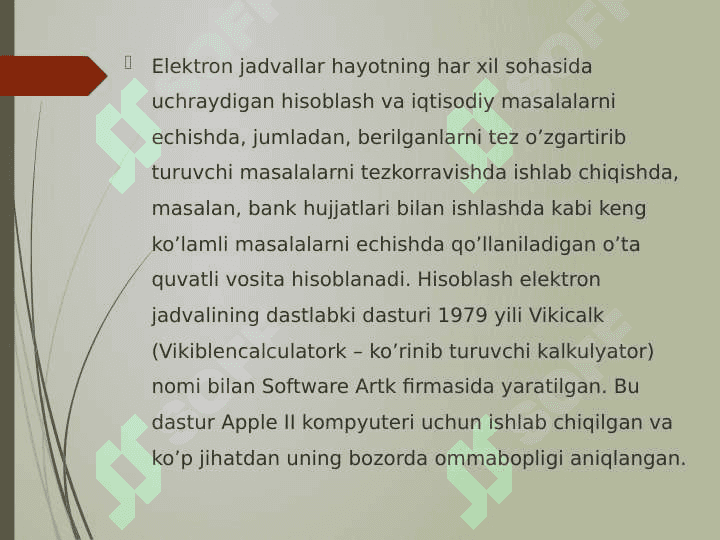 Elektron jadval protsessorlari, ularning vazifasi va imkoniyatlari 2