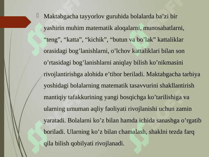 Matematika mashg’ulotlarini rejalashtirish 2