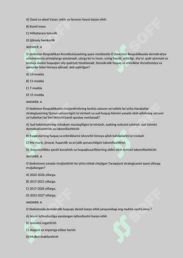 O'zbekistonni eng yangi tarixi fanidan testlar to'plami. Tibbiyot testlari 5