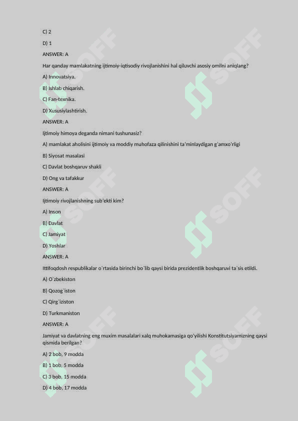 O'zbekistonni eng yangi tarixi fanidan testlar to'plami. Tibbiyot testlari 8