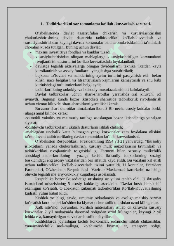 O’zbekistonda kichik biznes va xususiy  tadbirkorlikning davlat tomonidan  tartibga solinishi 2