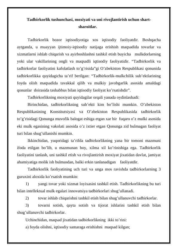Tadbirkorlik tushunchasi, moxiyati va uni rivojlantirish uchun shart- sharoitlar 1