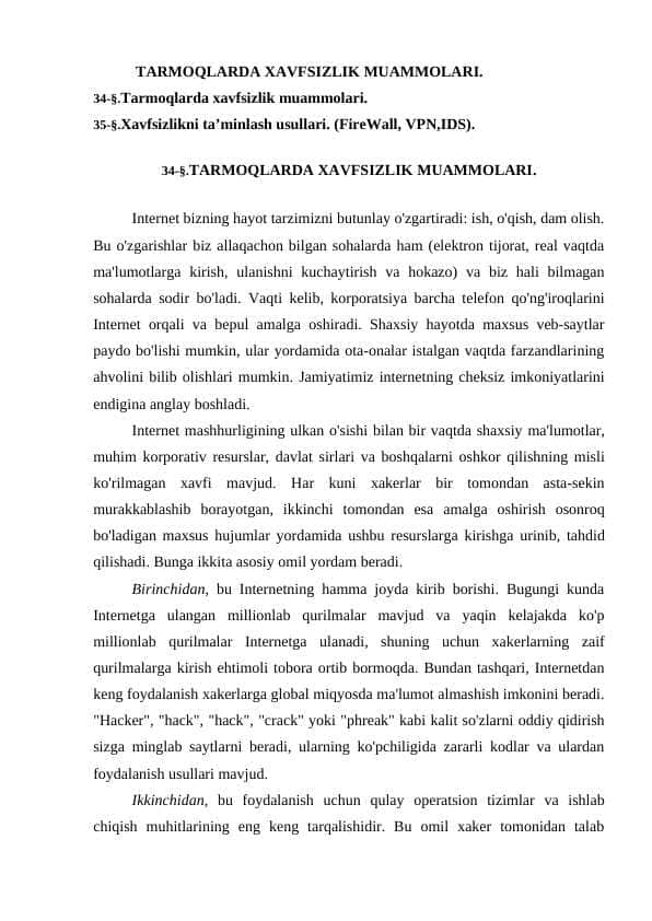 TARMOQLARDA XAVFSIZLIK MUAMMOLARI