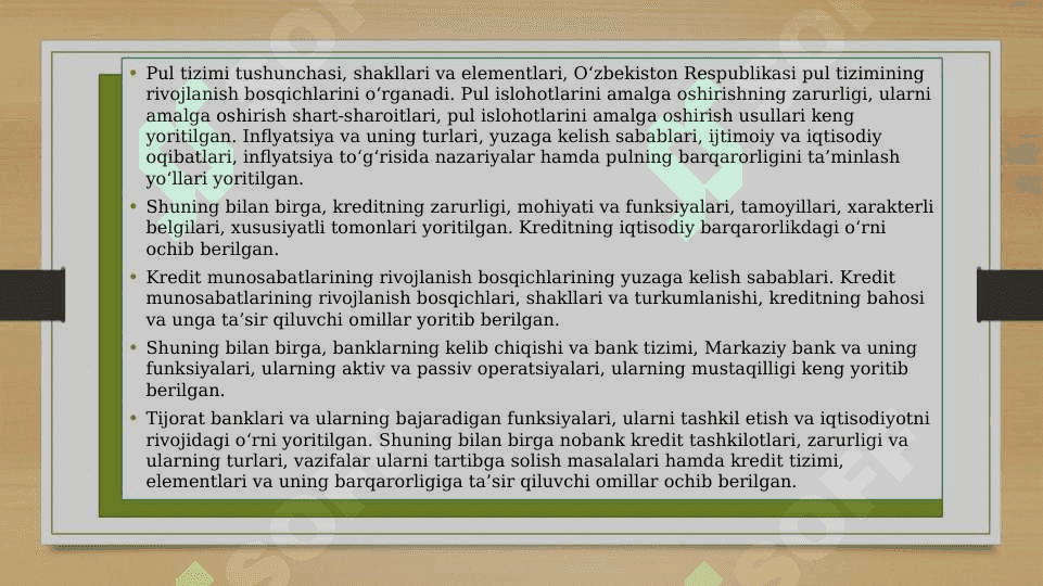 BANK ISHI VA MOLIYA ASOSLARI FANINING ASOSIY VAZIFALARI, PREDMETI VA OBYEKTI 4