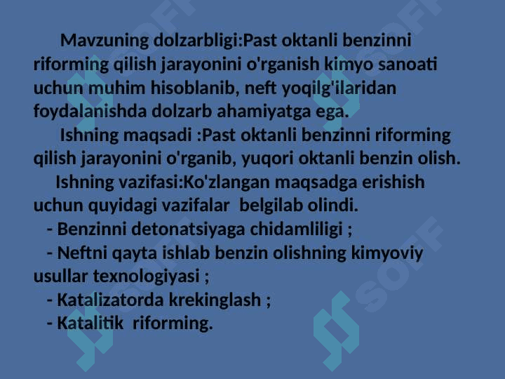Past oktanli benzinni riforming qilish jarayoni 3