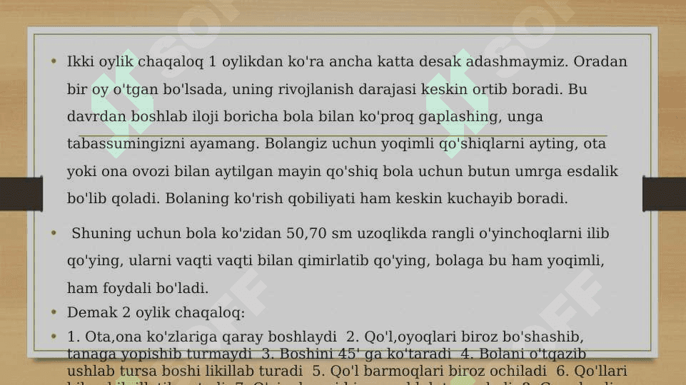 Rivojlanishning psixologik xususiyatlari (bilish, shaxsiy, emotsional soha) chaqaloqlik davrida (2 oylik - 1 yosh) 2