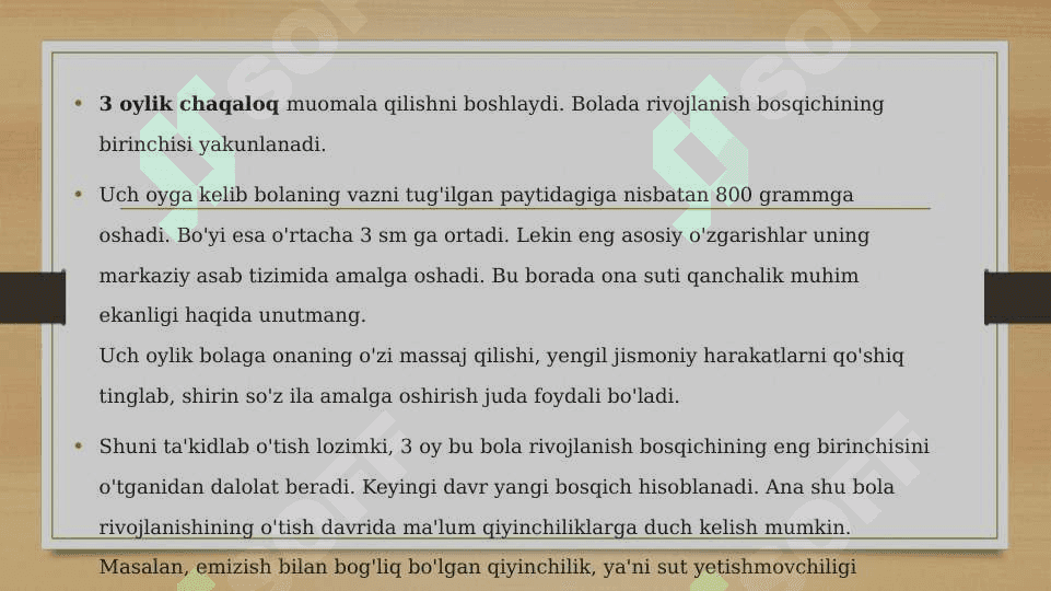 Rivojlanishning psixologik xususiyatlari (bilish, shaxsiy, emotsional soha) chaqaloqlik davrida (2 oylik - 1 yosh) 3