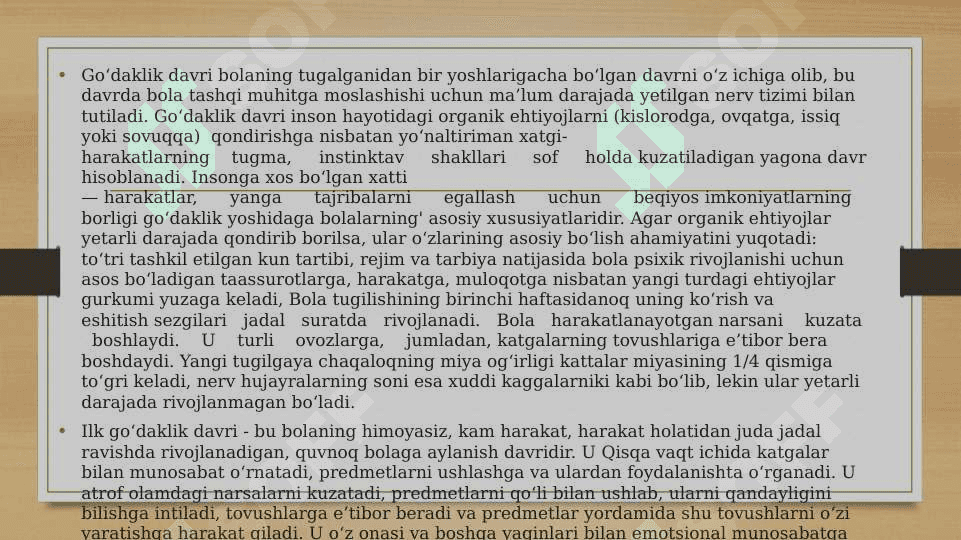 Rivojlanishning psixologik xususiyatlari (bilish, shaxsiy, emotsional soha) chaqaloqlik davrida (2 oylik - 1 yosh) 4