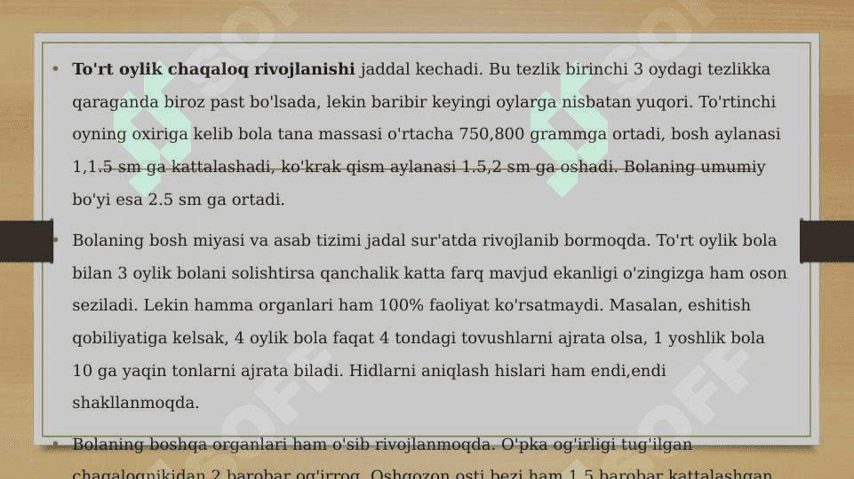 Rivojlanishning psixologik xususiyatlari (bilish, shaxsiy, emotsional soha) chaqaloqlik davrida (2 oylik - 1 yosh) 6