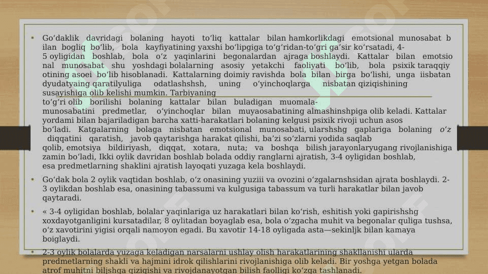 Rivojlanishning psixologik xususiyatlari (bilish, shaxsiy, emotsional soha) chaqaloqlik davrida (2 oylik - 1 yosh) 8