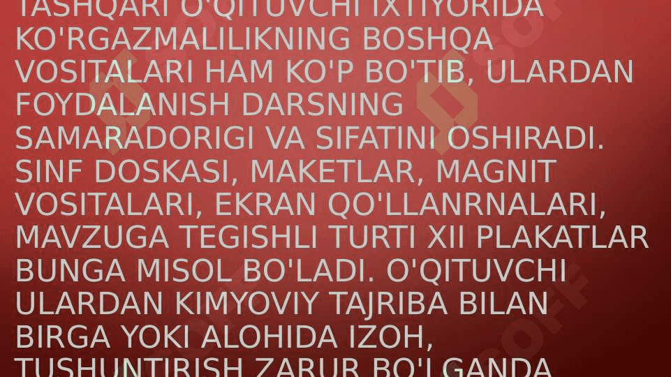 kimyoda miqdoriy tushunchalarni o’qitish metodikasi. Kimyoviy masalalarni yechishda ko’zgazmali vositalardan foydalanish. “Davriy qonun va D.I.Mendeleyevning kimyoviy elementlar sistemasi” mavzusi bo’yicha o’quvchilarning bilim va ko’nikmalarini nazorat qilishning turli xil usullari va shakllari. 3