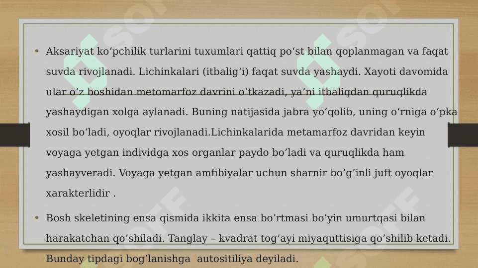 Suv va quruqlikda yashovchilar quruqlikga chiqish sabablari va moslanishi xususiyatlari. 3