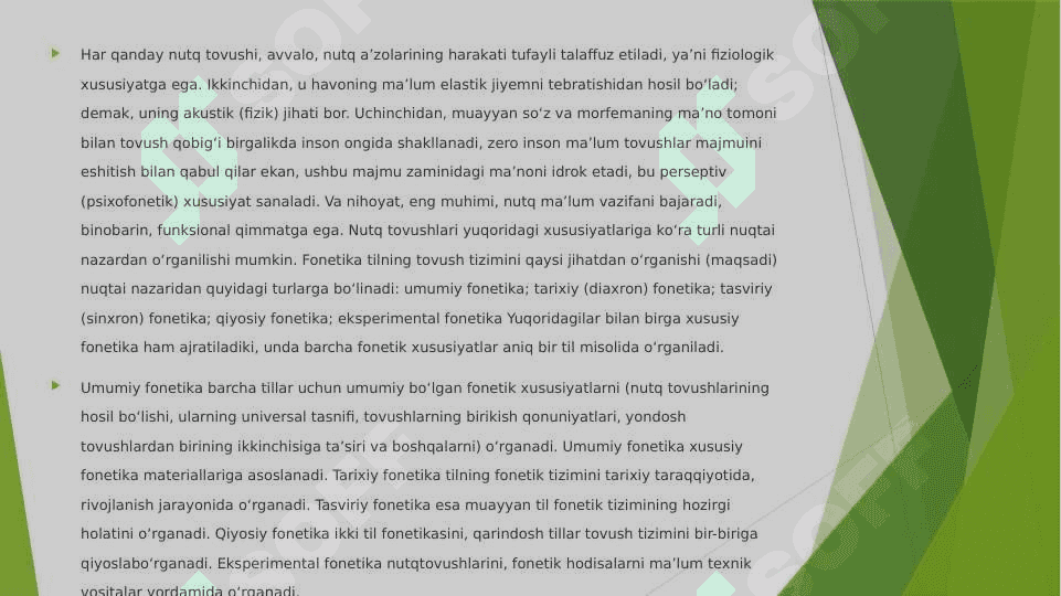 Fonetika. Fonologiya. O'zbek tilida urg'u olmaydigan birliklar. Fonetik tahlil tartibi 3