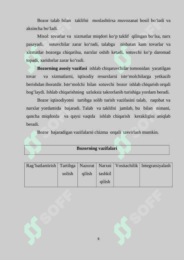 Bozor tushunchasi, uning vazifalari  va bozor turlari 8