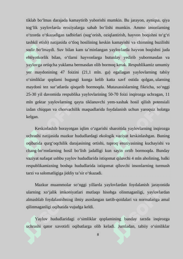 Tabiiy ozuqa  maydonlarining  mintaqalar bo’yicha tavsifi 8