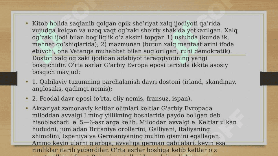 Kelt xalqlari epik ijodi: bardlar va flidlar tomonida  ijro etilgan sagalar. Trubadur va Kurtuaz she’riyati 2