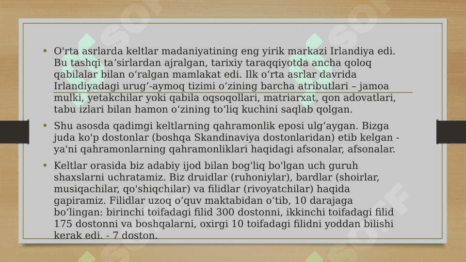 Kelt xalqlari epik ijodi: bardlar va flidlar tomonida  ijro etilgan sagalar. Trubadur va Kurtuaz she’riyati 3