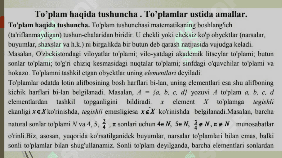 To’plam tushunchasi, To’plam elementi, Bo’sh to’plam, to’plamning berilishi, to’plam osti, universal to’plam 3
