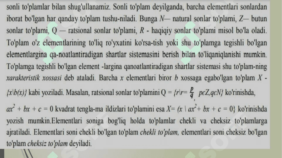 To’plam tushunchasi, To’plam elementi, Bo’sh to’plam, to’plamning berilishi, to’plam osti, universal to’plam 4