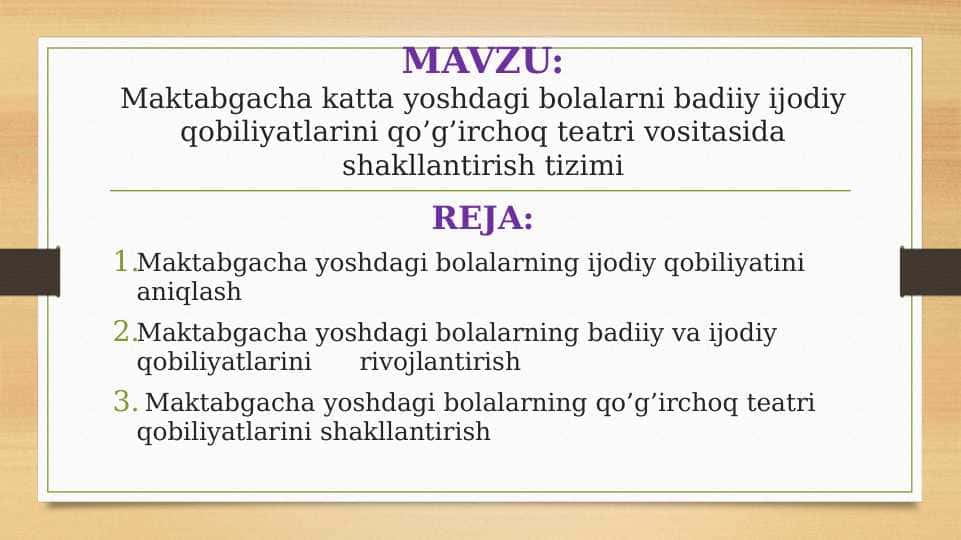 Maktabgacha katta yoshdagi bolalarni badiiy ijodiy qobiliyatlarini qo’g’irchoq teatri vositasida shakllantirish tizimi