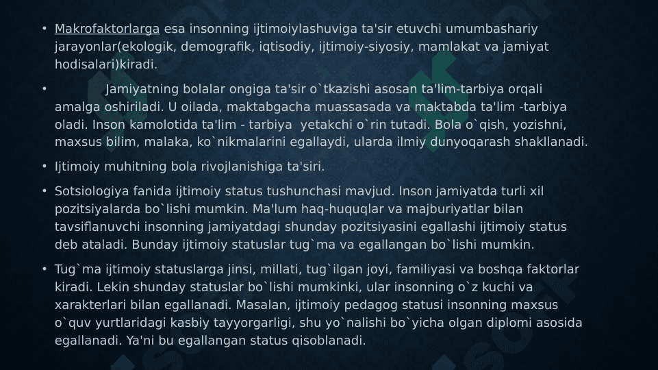 Maktabgacha yoshdagi bolaning sotsiumda rivojlanishi.Sotsium tushunchasi.Dinning sotsium sifatidagi o'rni 8