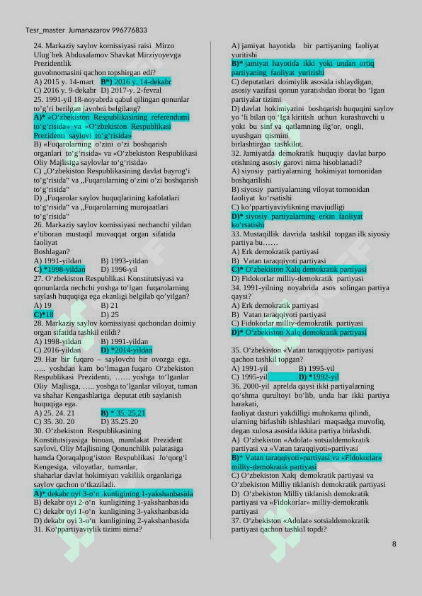 11-sinf O’zbekiston tarixi darsligi yuzasidan mavzulashtirilgan test to’plami  (testlar soni 689 t 8