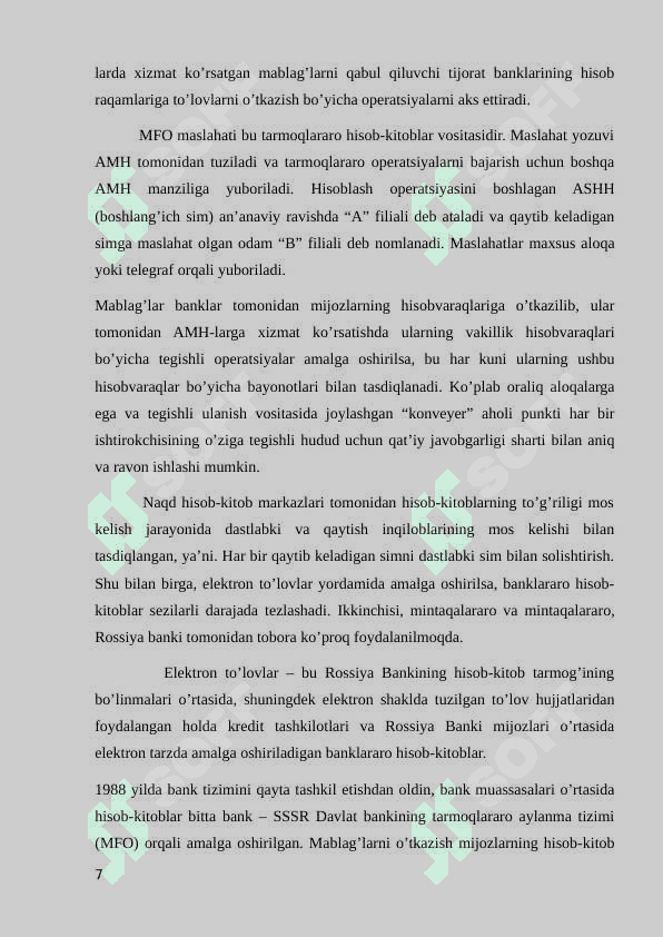 Hisob-kitob markazlari orqali banklararo hisob-kitoblarning tashkil etilishi va hisobi 7