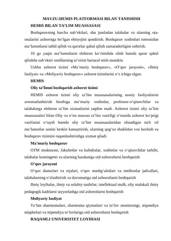 HEMIS PLATFORMASI BILAN TANISHISH
