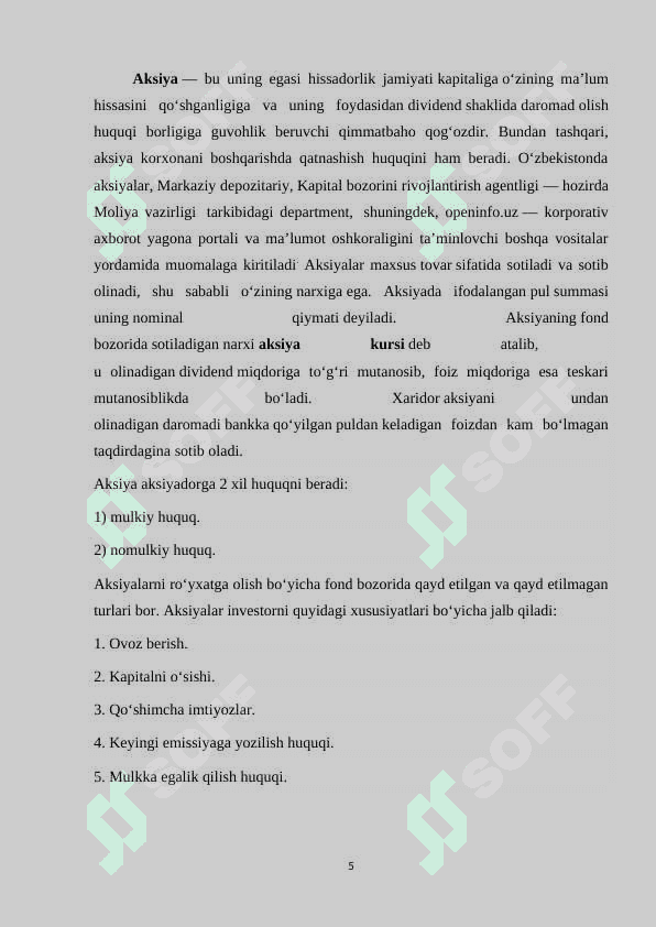 Aksionerlik jamiyatlari va ularning iqtisodiy taraqqiyotdagi o’rni. 5