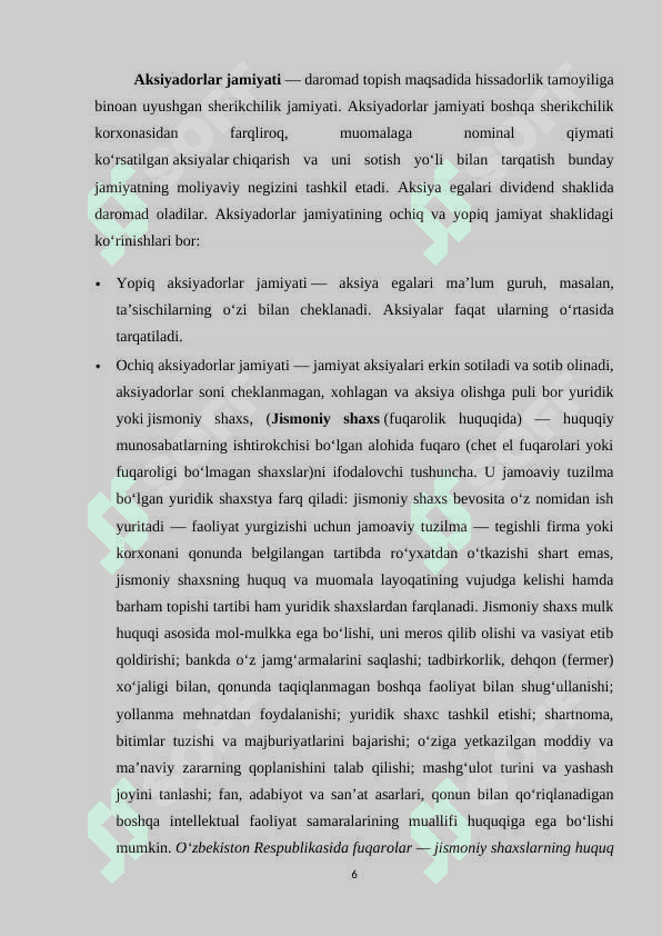 Aksionerlik jamiyatlari va ularning iqtisodiy taraqqiyotdagi o’rni. 6