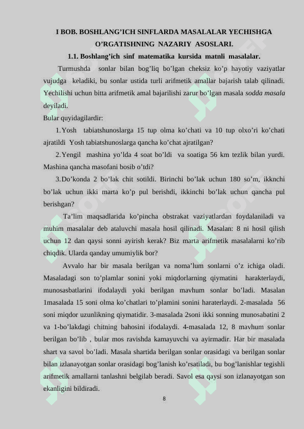 BOSHLANG’ICH SINFLARDA MASALALAR YECHISHGA O’RGATISHNING  NAZARIY  ASOSLARI. 8