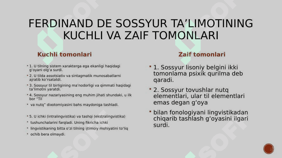 Ferdinand De Sossyur lingvistik nazariyasi. Tilshunoslikda strukturalizm. Til belgilar sistema sifatida. Semiotika va lingvosemiotika. Til sathlari birliklari 8