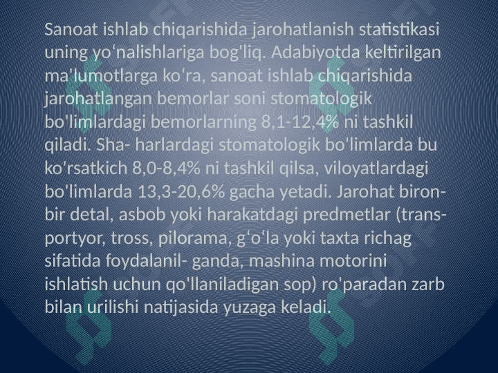 Yuz-jag' sohasi travmalari, etiologiyasi, funksional           buzilishi, tekshirish usullari, davolash 3