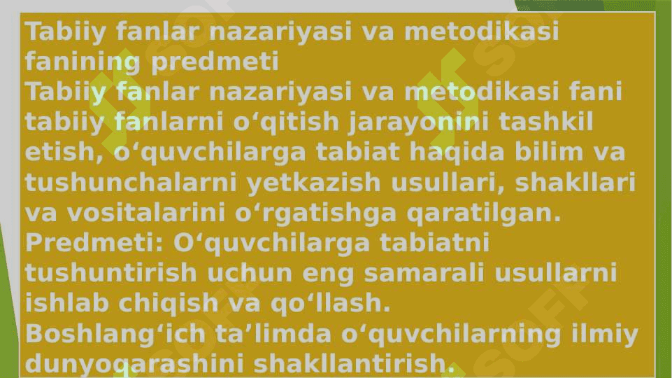 Tabiiy fanlar nazariyasi va metodikasi fanining  predmeti, maqsad va vazifalari.  Tabiiy fanlar nazariyasi va metodikasi fanining  tadqiqot metodlari.Boshlang‘ich ta’limda tabiiy fanlarni o‘qitishda o‘quvchilarning ma’naviy, axloqiy, aqliy, vatanparvarlik, ekologik, estetik, iqtisodiy, tarbiyalash vazifalari. 2