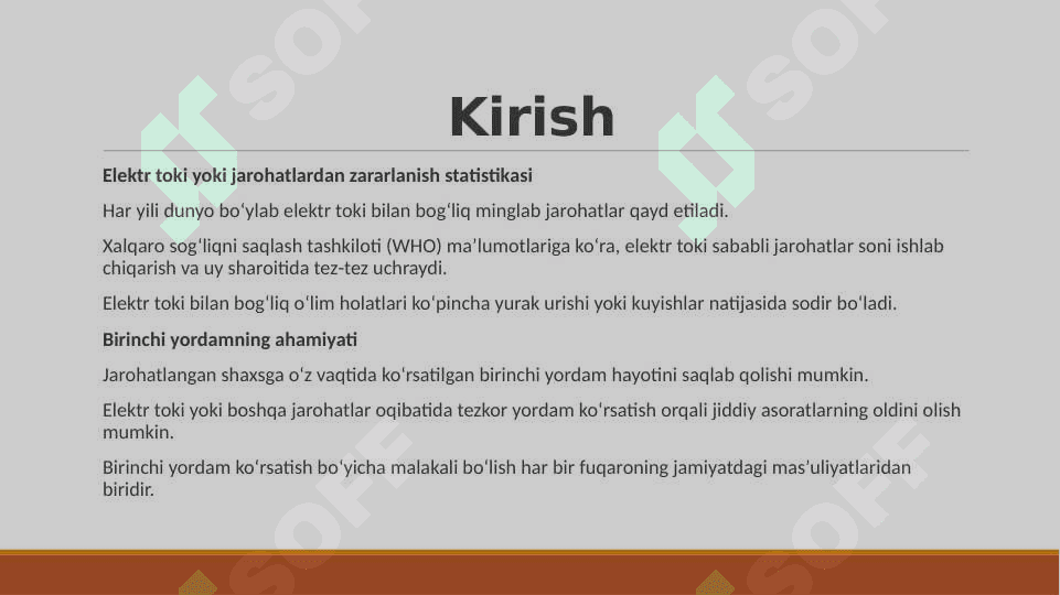 Elektr tokidan yoki boshqa jarohatlardan zararlanganlarga birinchi yordam ko‘rsatish 3