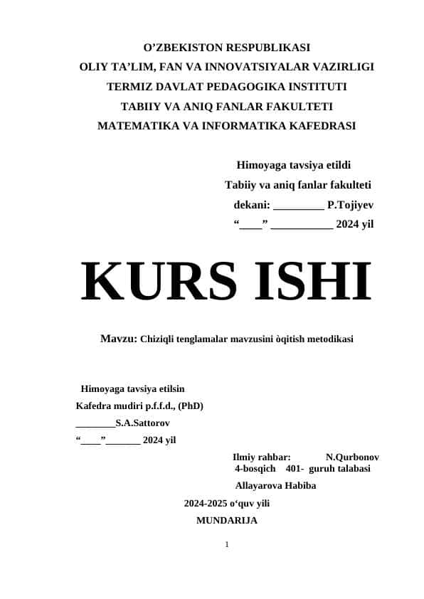 Chiziqli tenglamalar mavzusini òqitish metodikasi