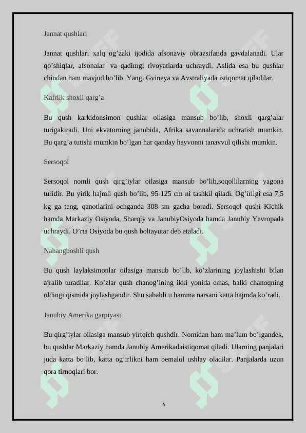 Noyob va  soni kamayib borayotgan qushlar, ularni muhofaza qilish 6