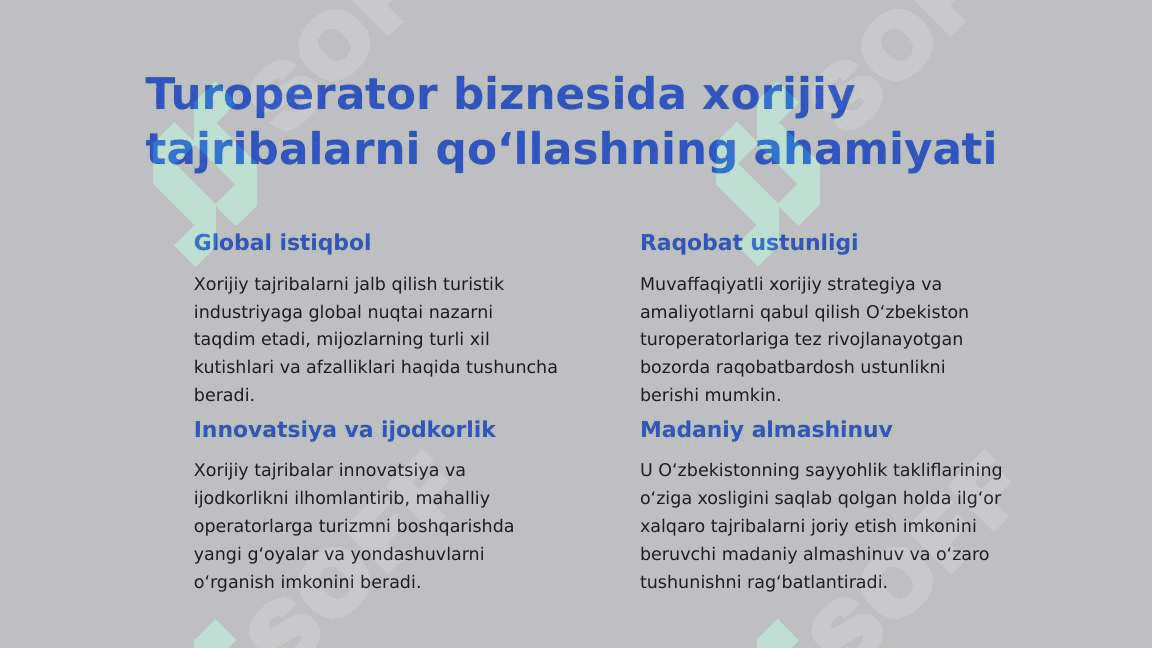 O‘zbekistonda turoperator biznesini rivojlantirishda xorijiy tajribalarni qo‘llash usullari 2