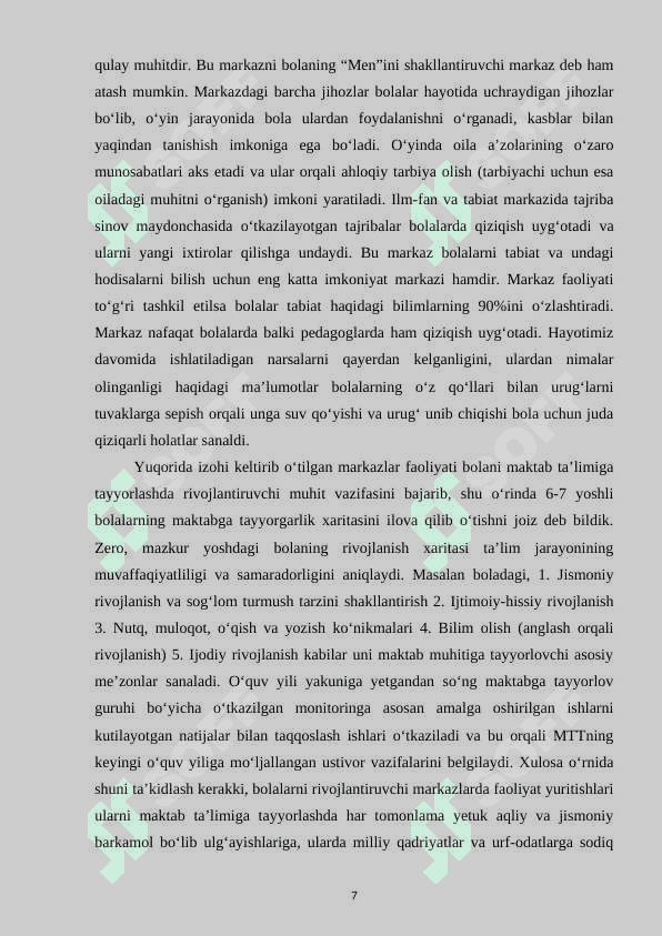 Ilk qadam takomillashtirilgan davlat dasturida bolalarning jismoniy rivojlanishiga qo‘yilgan talablarni guruhlarda o‘rganish 7