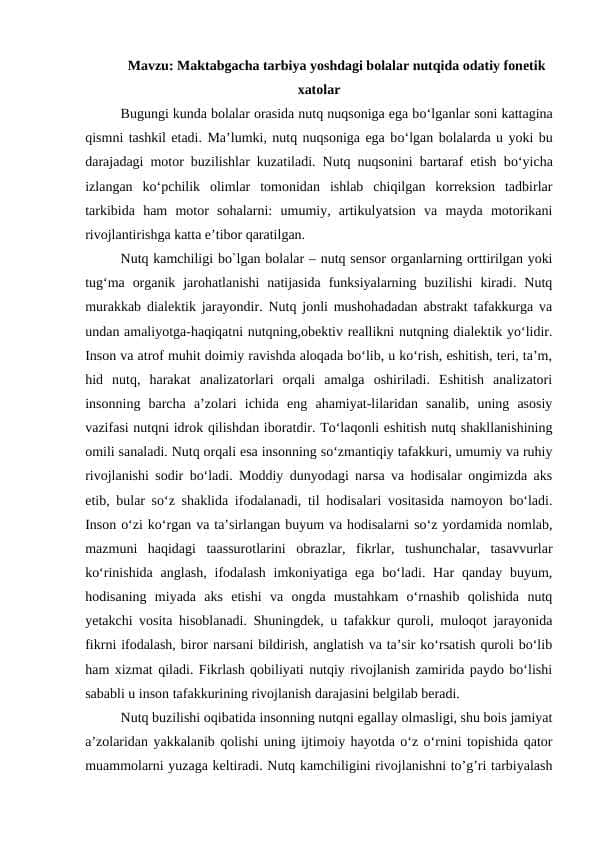 Maktabgacha tarbiya yoshdagi bolalar nutqida odatiy fonetik xatolar 1