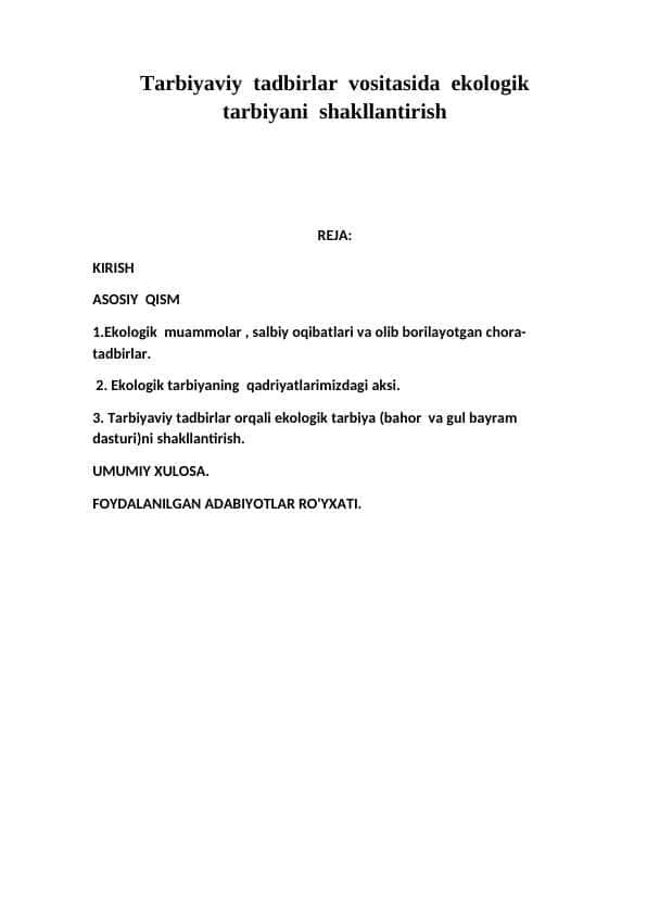Tarbiyaviy  tadbirlar  vositasida  ekologik  tarbiyani  shakllantirish