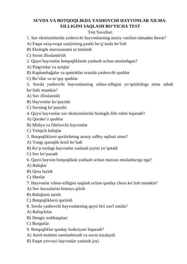 SUVDA VA BOTQOQLIKDA YASHOVCHI HAYVONLAR XILMA-XILLIGINI SAQLASH BO‘YICHA TEST