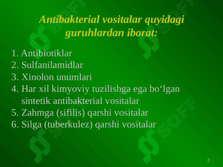 Turli kimyoviy tuzilishga ega bolgan     sintetik antibakterial vositalar 2