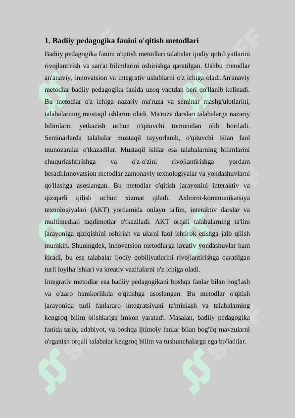 Badiiy pedagogika fanini o'qitishda metod va vositalar 2