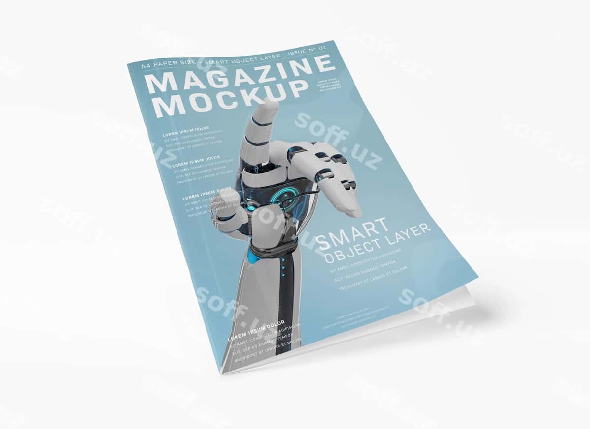 Suziladigan jurnali varaqi oq mockup | Floating magazine cover white mockup 1