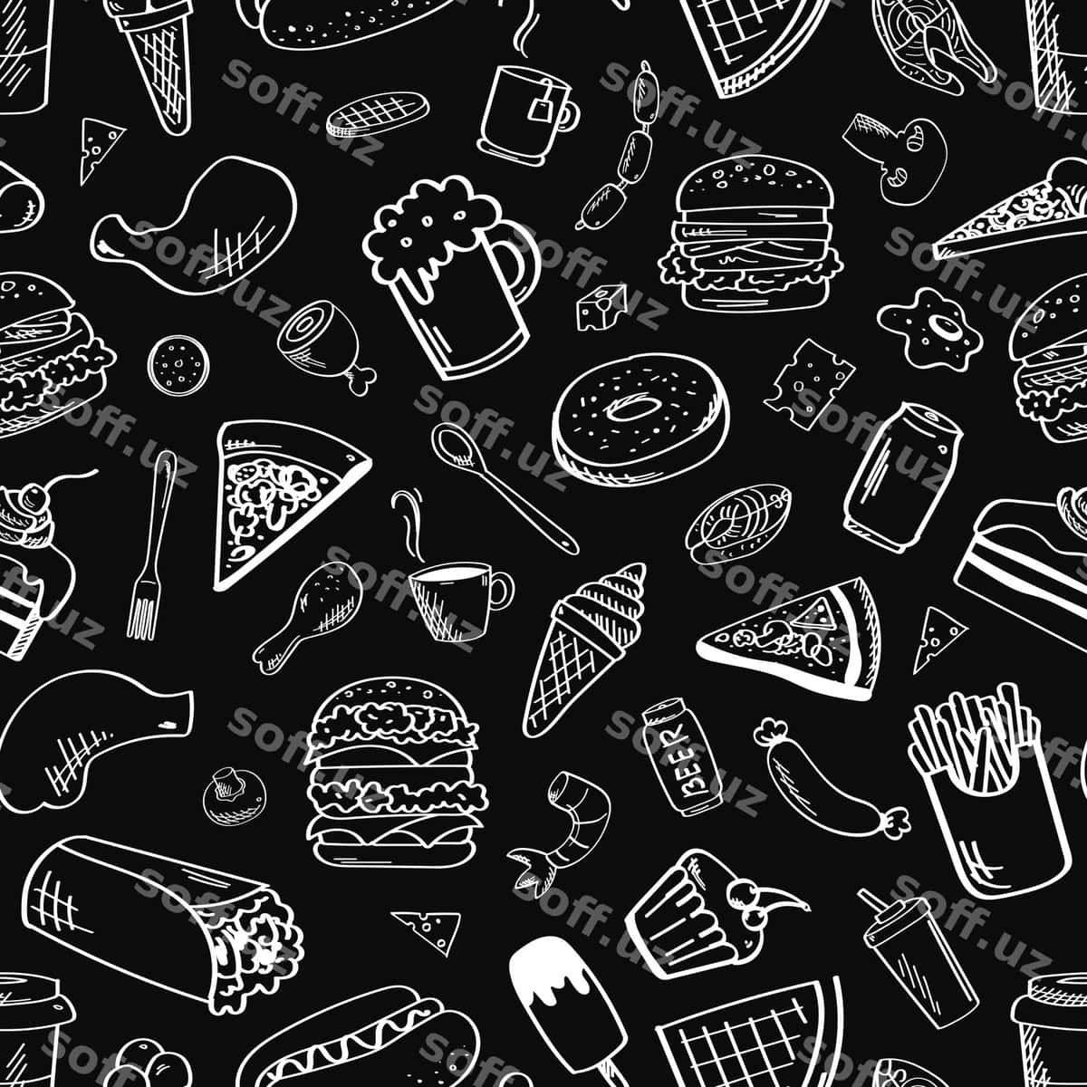 Oziq-ovqat muammosiz naqsh qora oq | Food seamless pattern black white 1