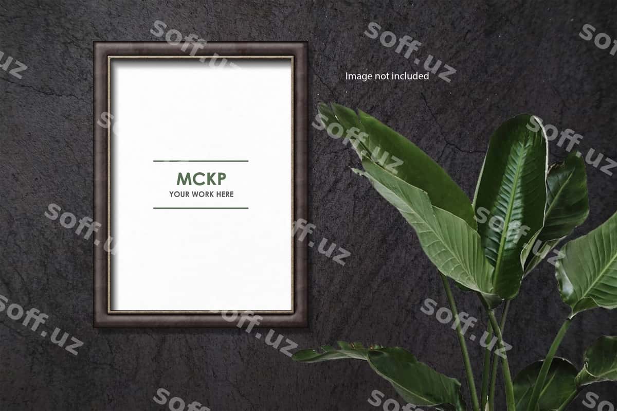 O'simlik bilan bezatilgan kulrang devorning ramka maketini | Frame mockup gray wall with plant 1