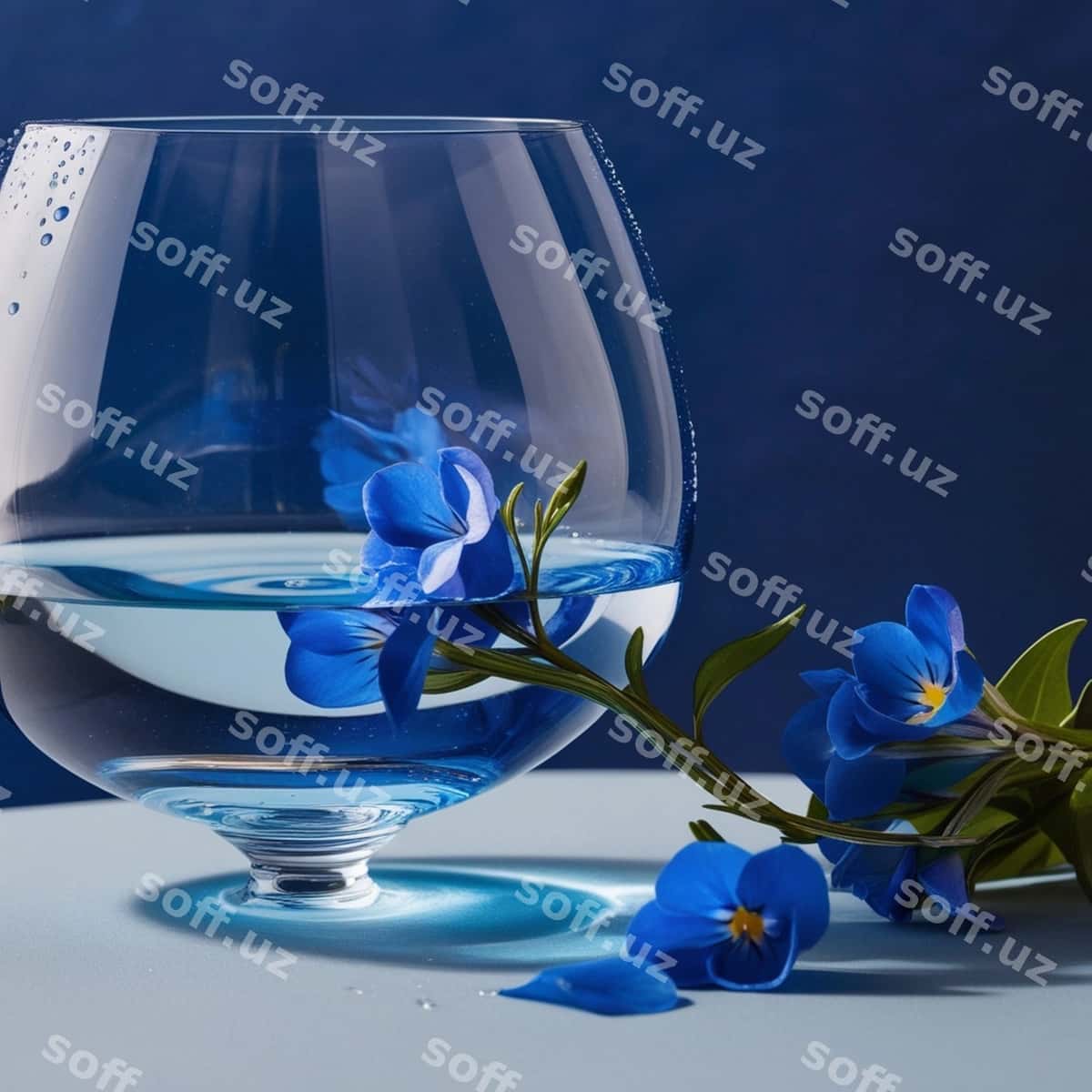 Stakan suv ko'k gullari bilan uni qoldiradi. | Glass water with blue flowers leaves it 1
