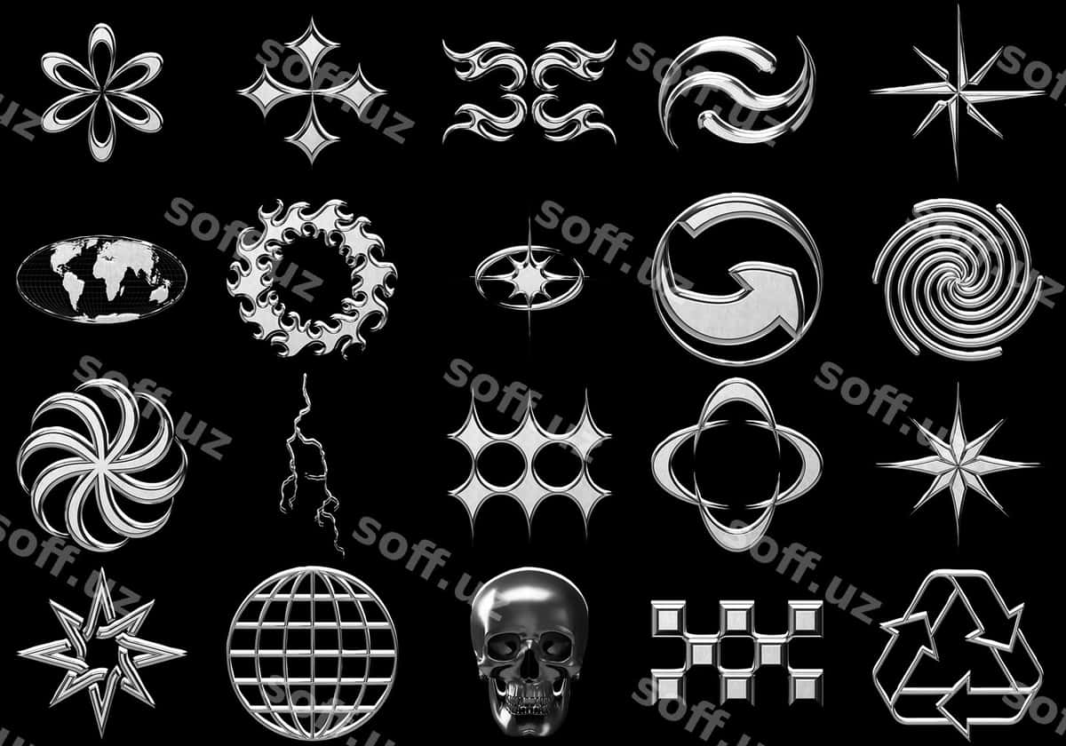 Parlak hromli 3d render ikonkalar shakllari | Glossy chrome 3d render icons shapes 1